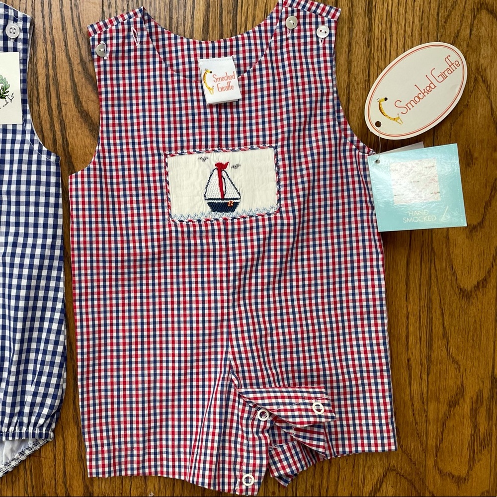 NWT 6m red/blue check JonJon with smocked sailboat
